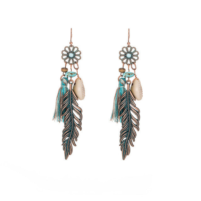 Wholesale Leaf Pendant Hollow Carved Alloy Tassel Earrings